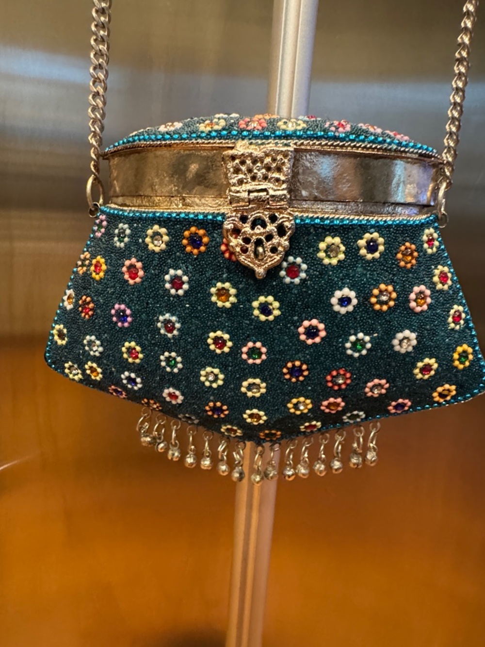Beaded Teal Floral Evening Bag with Gold Chain